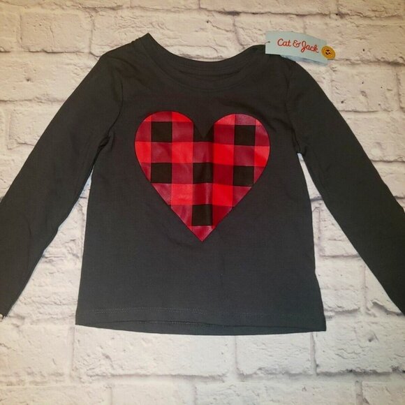 Cat & Jack  Charcoal Grey L/S Buffalo Plaid Heart Shirt Various Sizes - Picture 1 of 6